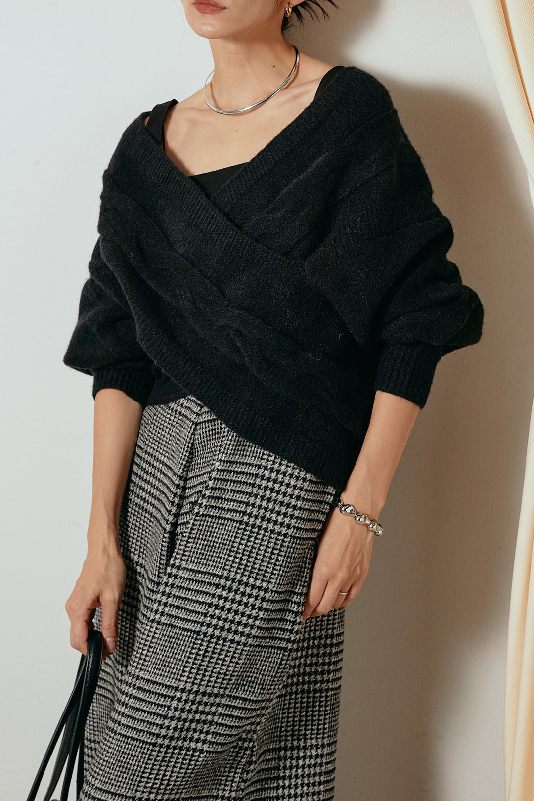 [SET]ケーブルカシュクールニットトップス+前後2wayグレンチェック柄スカーチョサロペット(2set)