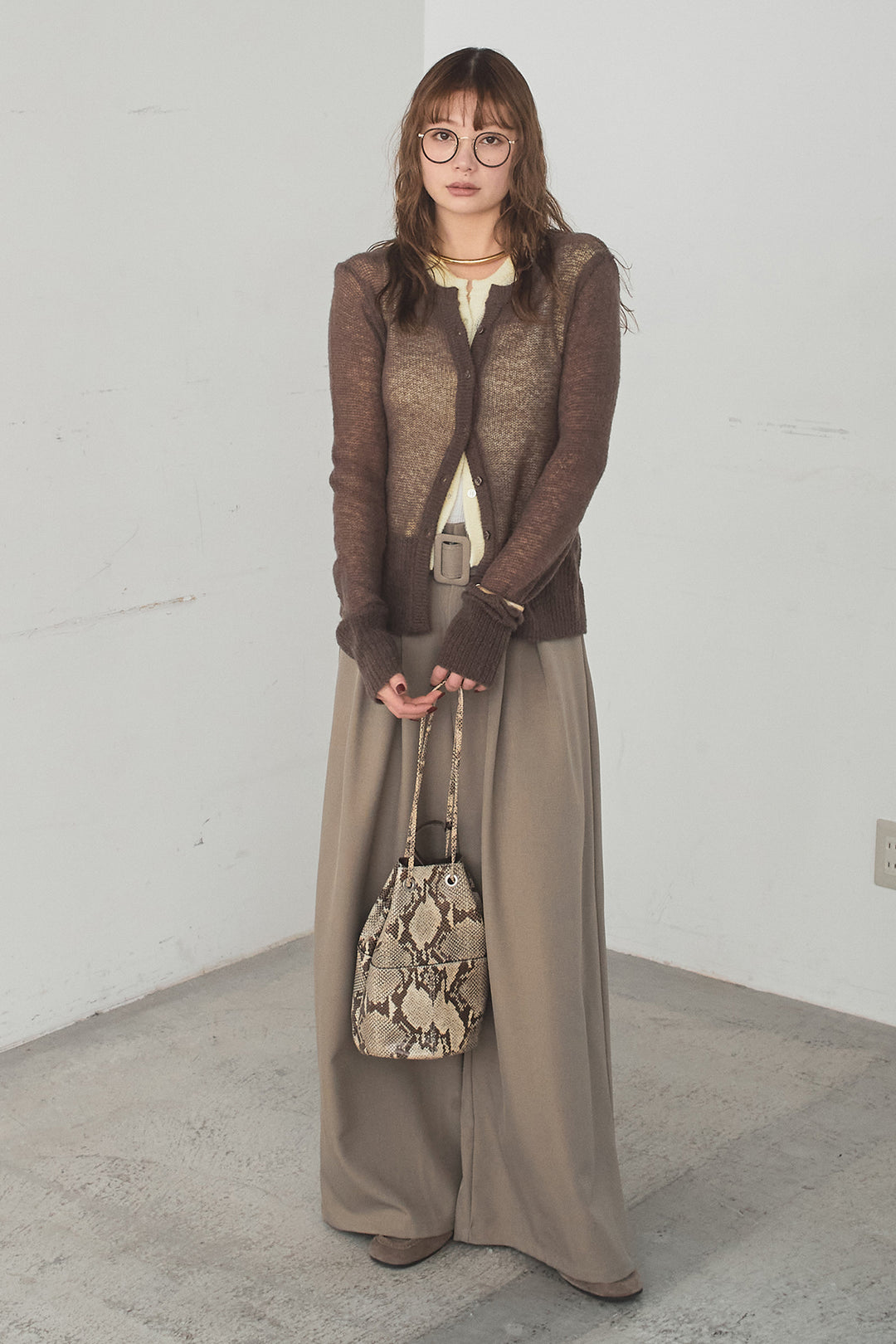 [SET]モヘア透かし編みレイヤードアンサンブルセット+ベルト付きツータックワイドパンツ(2set)