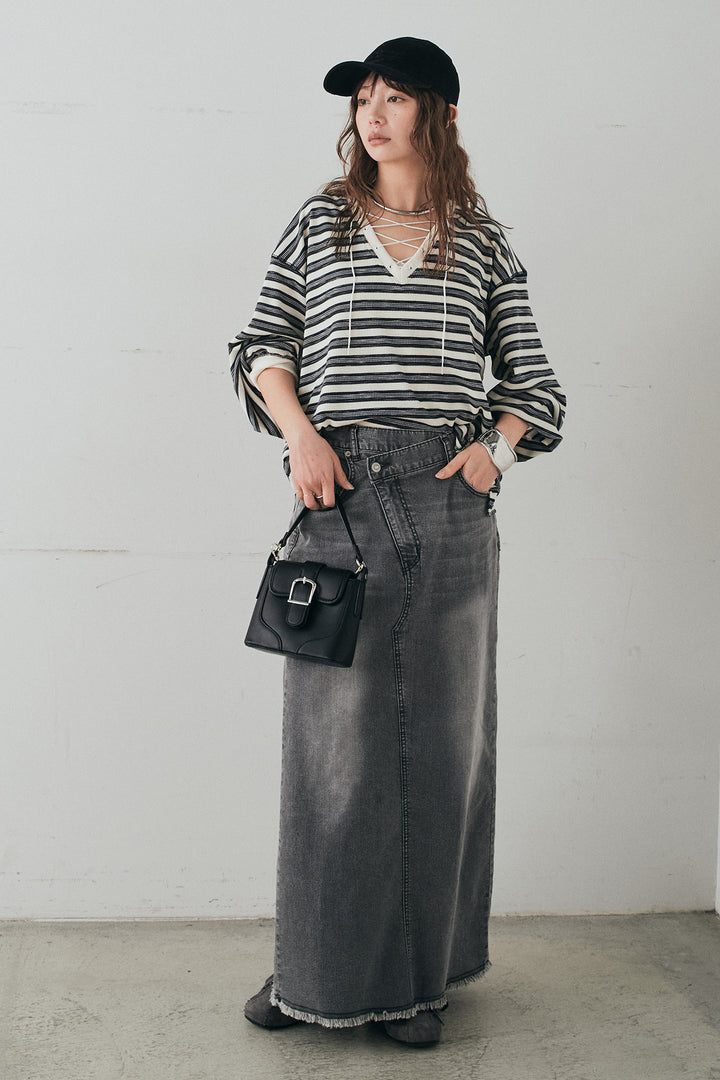 [SET]レースアップワッフルボーダートップス+ウエストクロスデニムタイトスカート(2set)