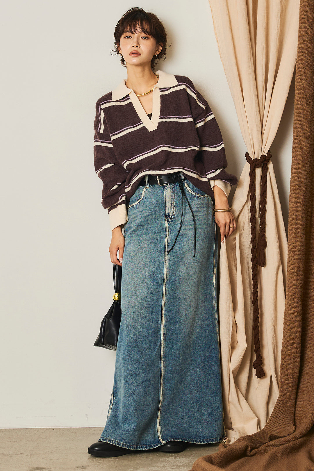 【即納】フェイクレザー太ベルト付きデニムワイドスカート