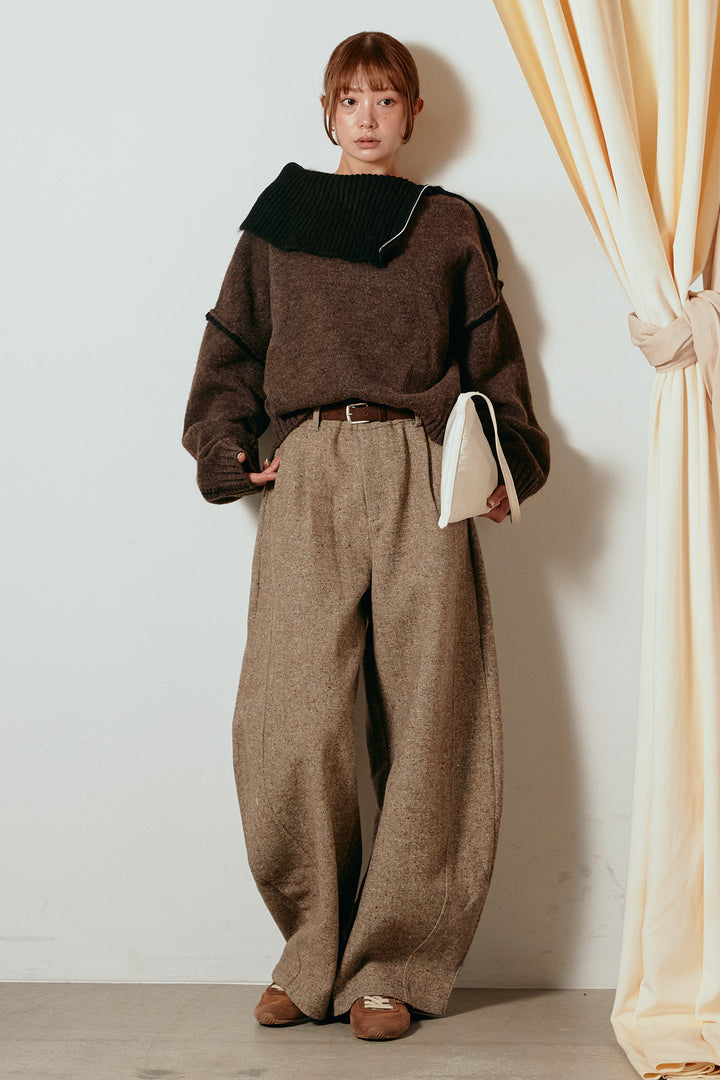 [SET]ハイネックジップデザインニットトップス+ベルト付きネップツイードカーブパンツ(2set)