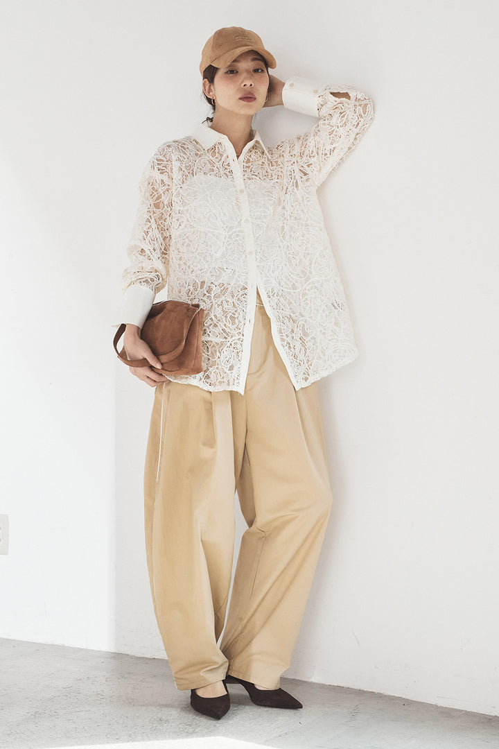 [SET]刺繍レースオーバーサイズシャツ+合繊ツイルパイピングタックカーブパンツ(2set)