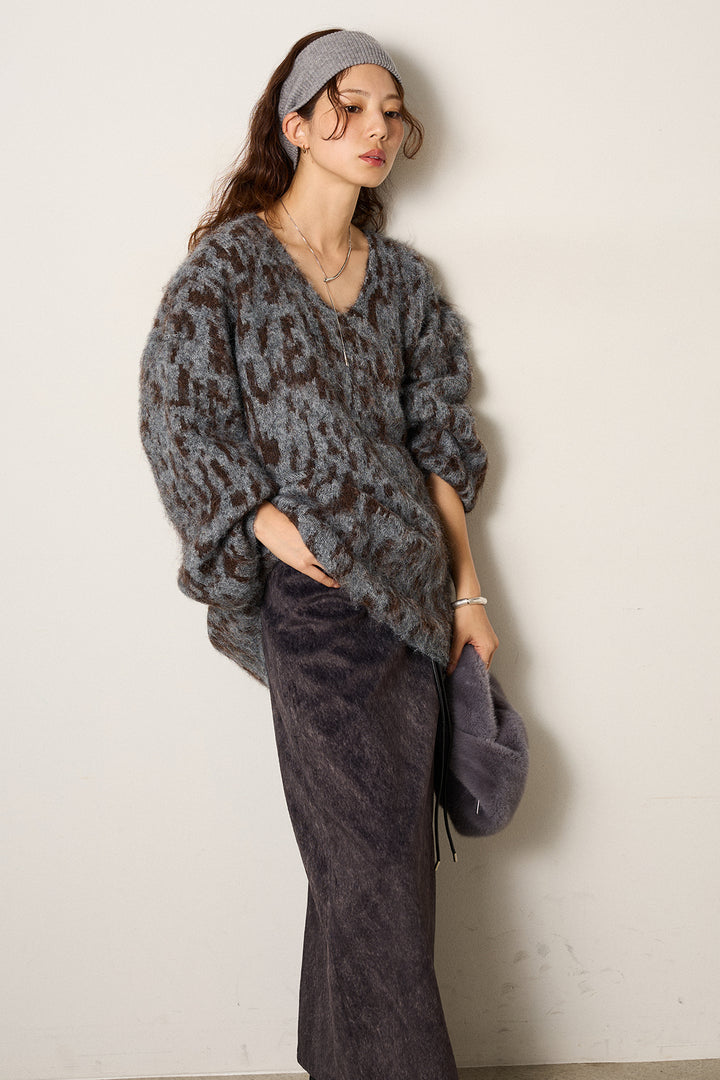 [SET]フラッフィーレオパードシャギーニット+ロープベルト付きスウェード調スカート(2set)