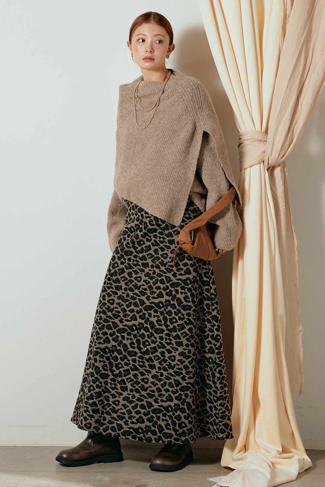 [SET]ケープデザインリブニットトップス+レオパードロングスカート(2set)