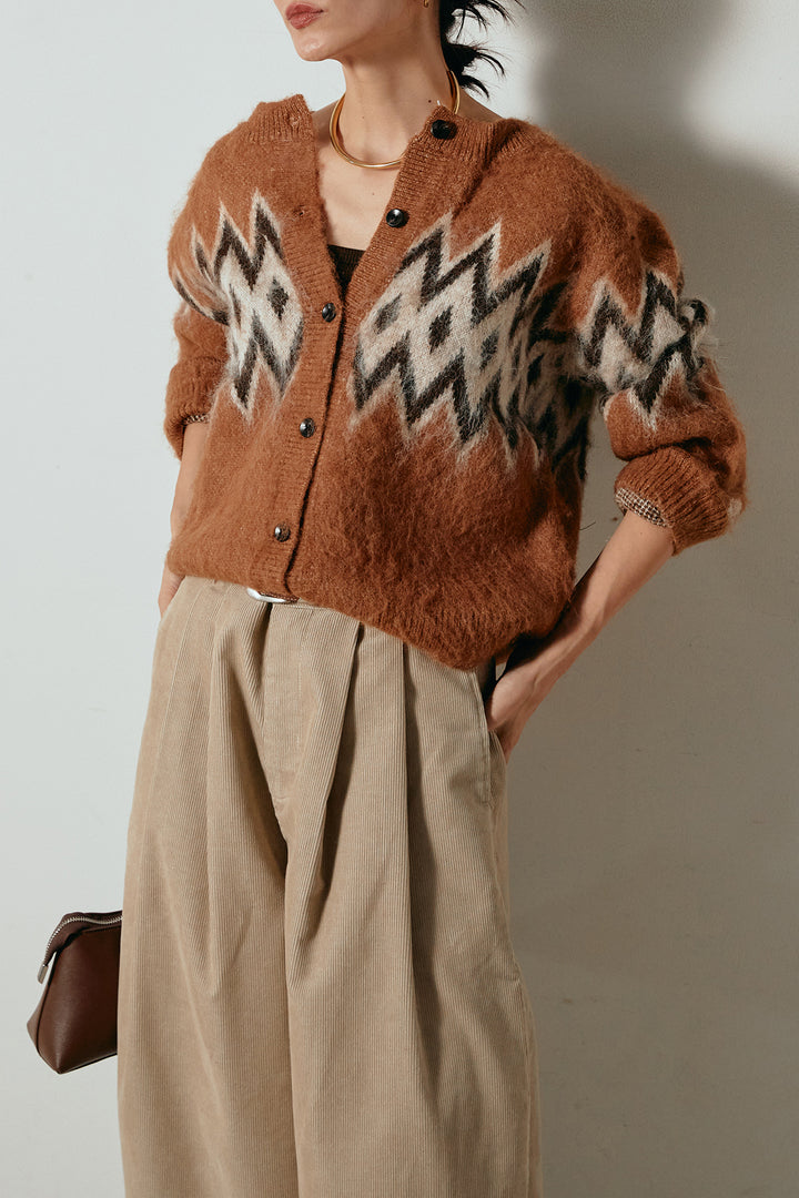 [SET]起毛ノルディック柄ニットカーディガン+フロントタック入りコーデュロイパンツ(2set)