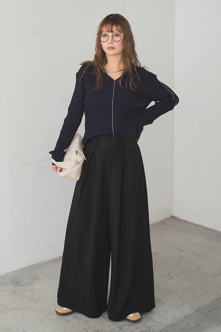 [SET]衿付きニットプルオーバー+ベルト付きツータックワイドパンツ(2set)