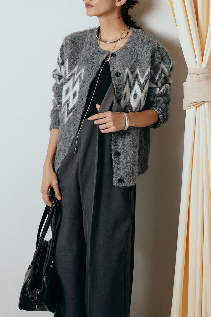 [SET]起毛ノルディック柄ニットカーディガン+ワイドツイルサロペット(2set)