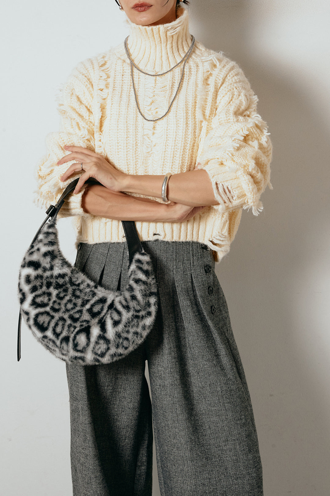 [SET]フリンジタートルショートニット+サイドボタンツイードタックパンツ(2set)