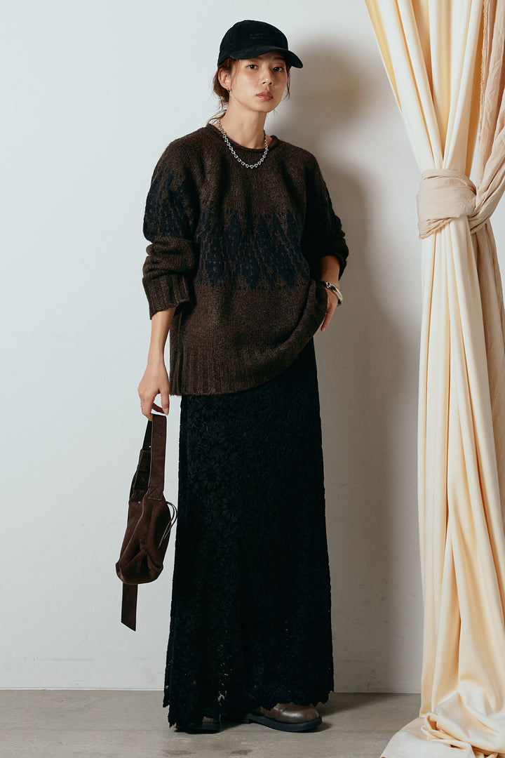 [SET]モノトーン柄ニットトップス+花柄刺繍ベロアフレアスカート(2set)