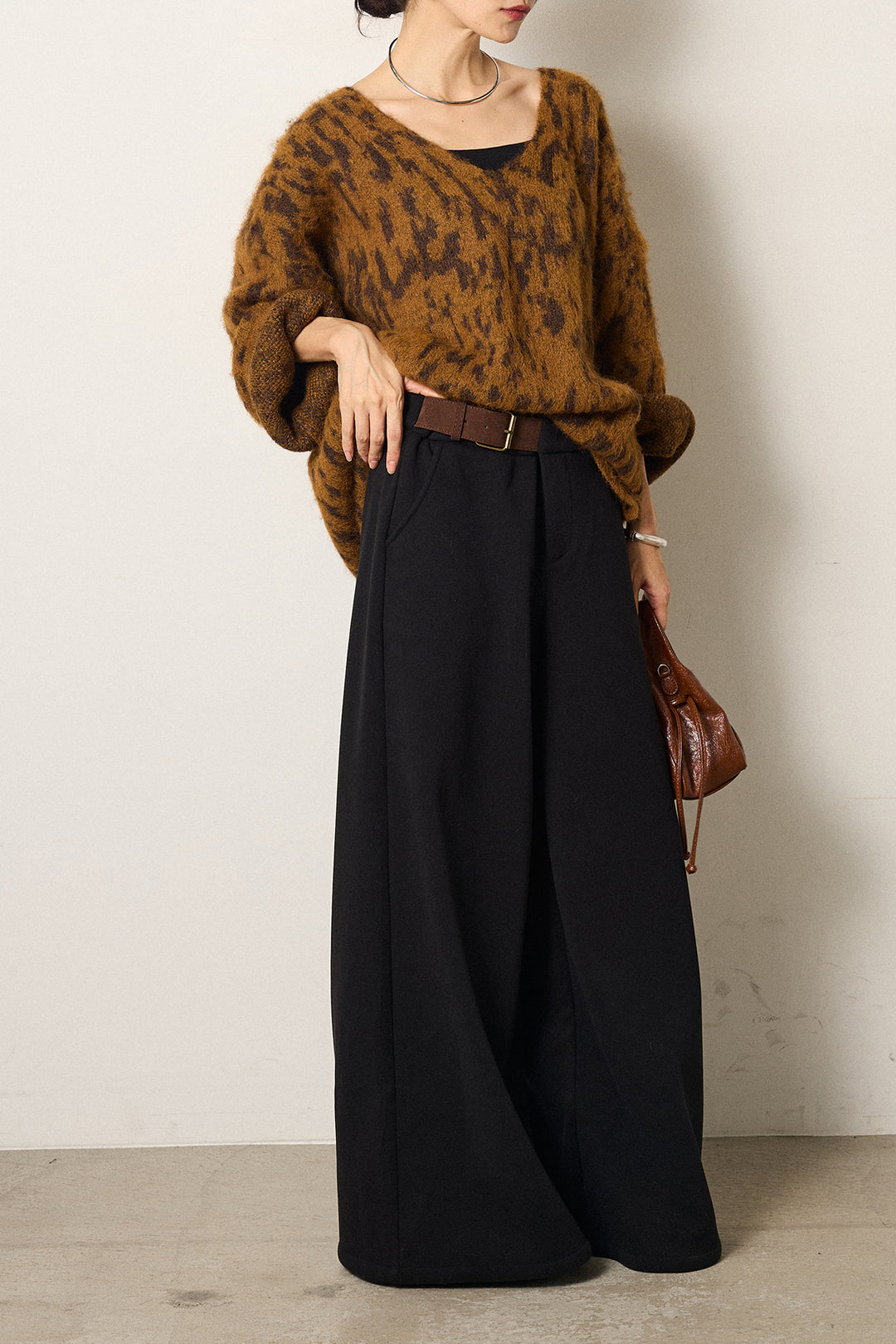 [SET]フラッフィーレオパードシャギーニット+サイドベルトパンツ(2set)