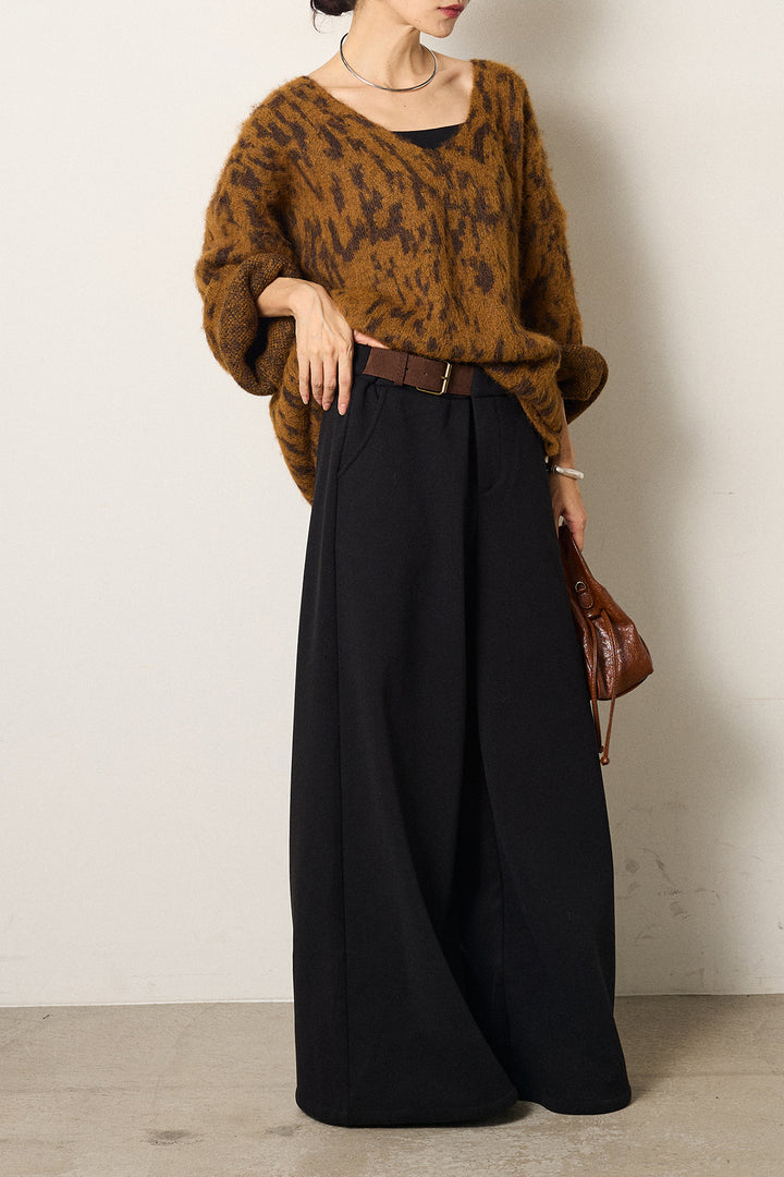 [SET]フラッフィーレオパードシャギーニット+サイドベルトパンツ(2set)