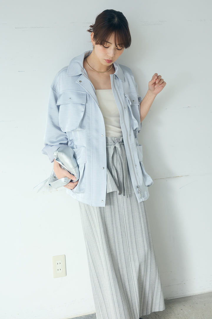 [SET]サテンライトブルゾン+ラップ巻きピンストライプワイドスカート(2set)