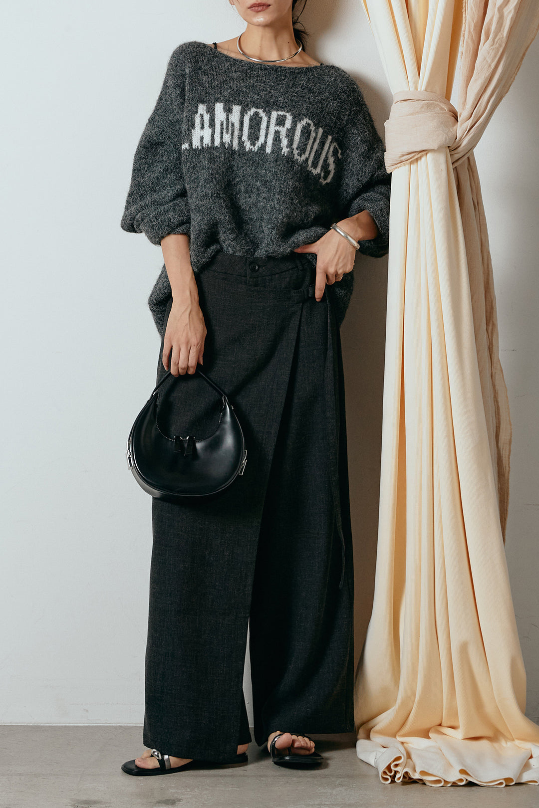 [SET]フロントロゴデザインニットトップス+ラップ巻きワイドスラックス(2set)