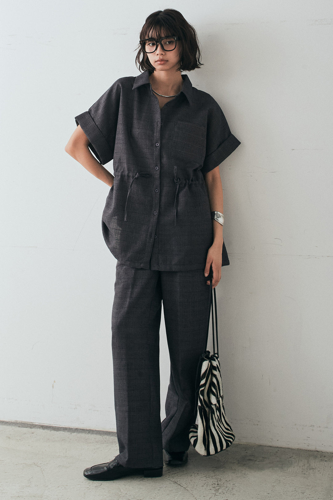 [SET]ツイードウエストドロストシャツ+ツイードタックパンツ(2set)