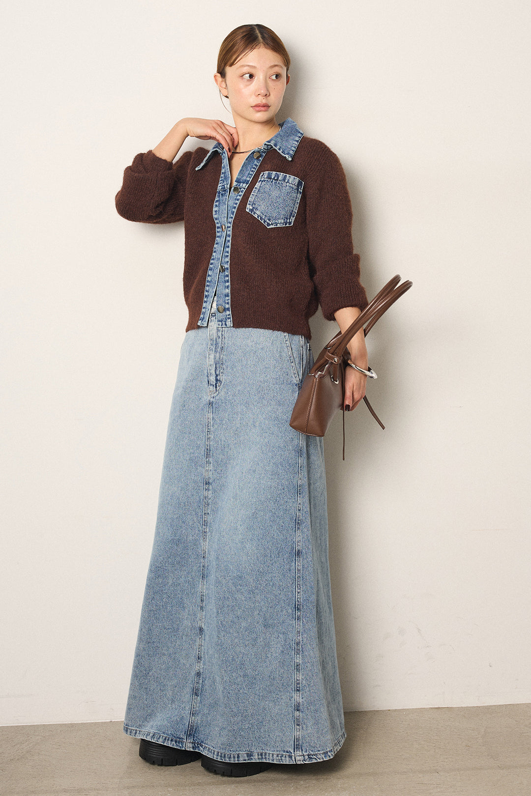 [SET]襟付きデニム切替ニットカーディガン+デニムロングフレアスカート(2set)