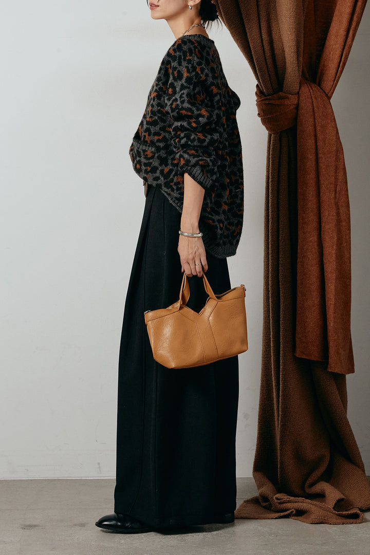 [SET]ステッチデザインレオパードニットカーディガン+ポーチベルト付きカーブパンツ(2set)