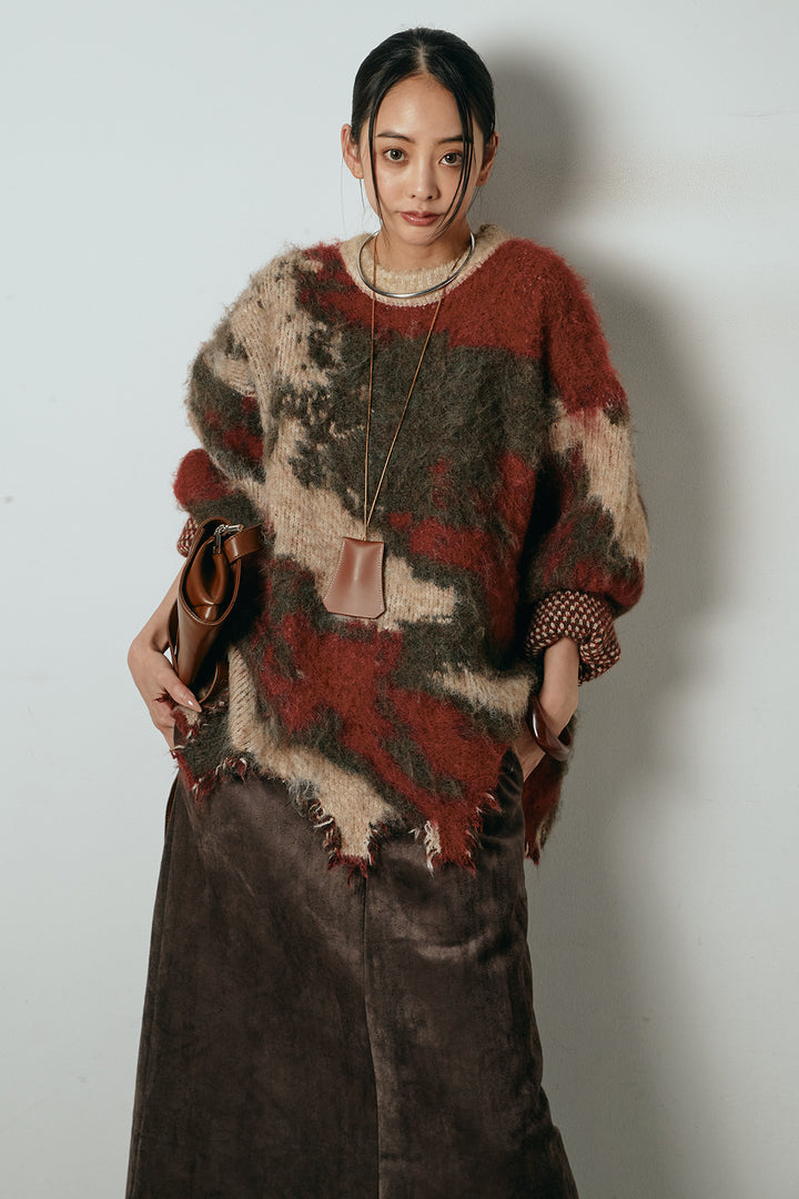 [SET]起毛裾デザインニュアンス柄ニットトップス+エコスウェードワイドスカート(2set)