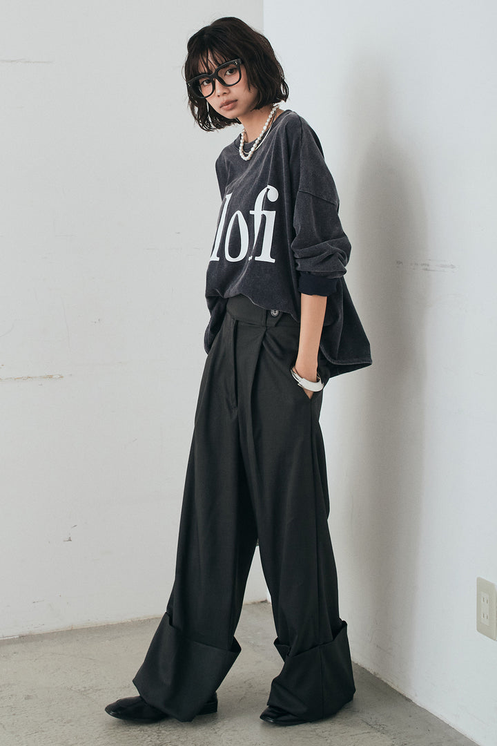 [SET]裾センタードロストロゴプリントワイドTシャツ+センタープレスセミワイドパンツ(2set)