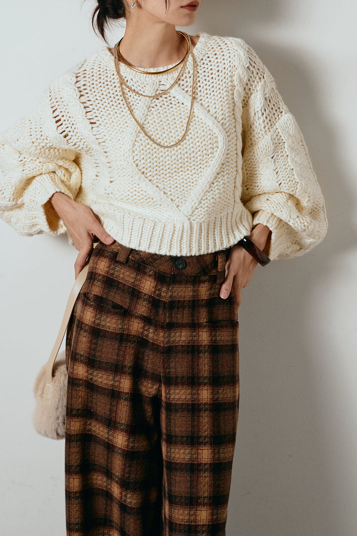 [SET]ロービングケーブルショート丈プルオーバー+ルーズタータンチェックワイドパンツ(2set)