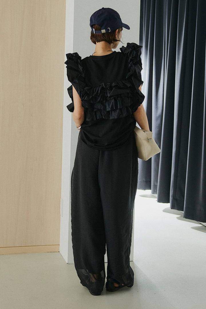 [SET]天竺ナイロンドッキングビスチェ風トップス+オーガンジータックパンツ(2set)