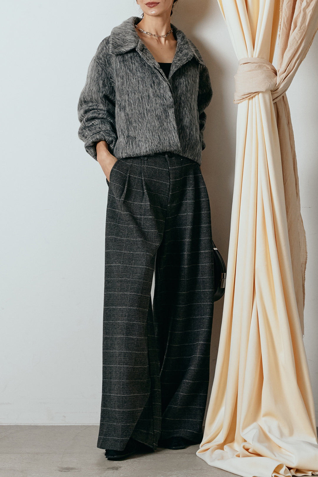[SET]シャギーショートジャケット+スクエアチェック柄ワイドパンツ(2set)