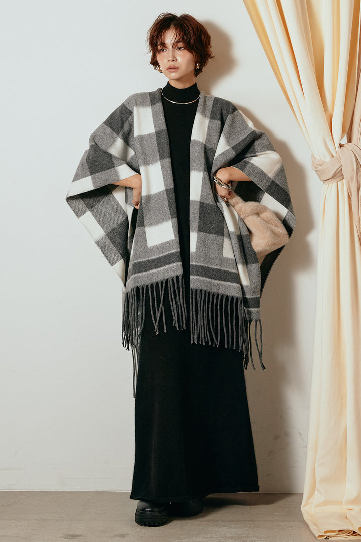 [SET]裾フリンジ柄ポンチョアウター+ノースリーブニットロングワンピース(2set)