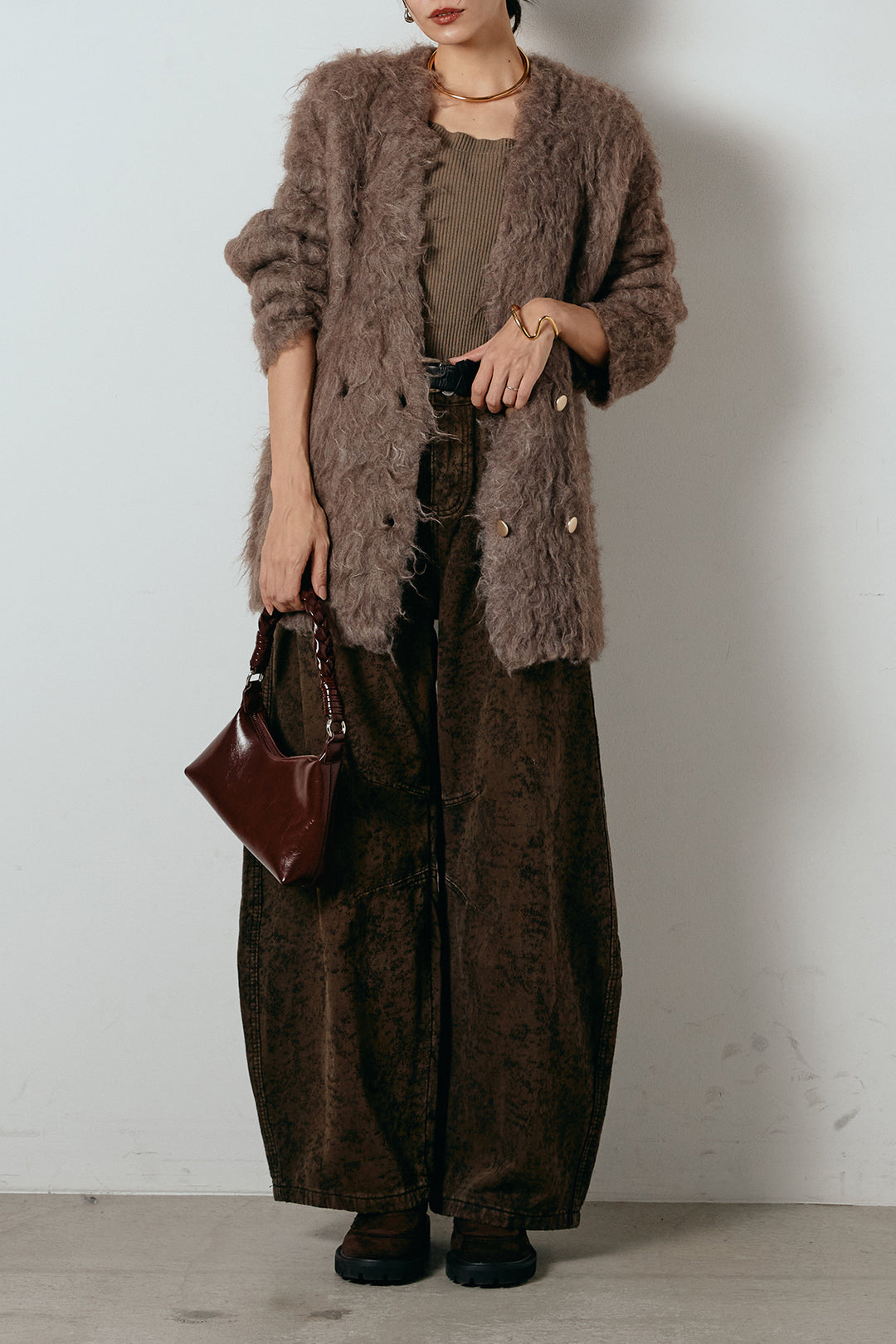 [SET]ウェーブシャギーニットジャケット+ベルト付きニュアンス柄カーブワイドパンツ(2set)