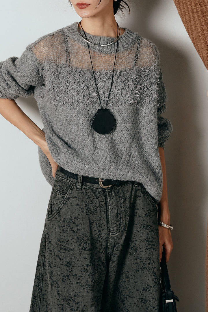 [SET]パターンランダム編みニットトップス+ベルト付きニュアンス柄カーブワイドパンツ(2set)