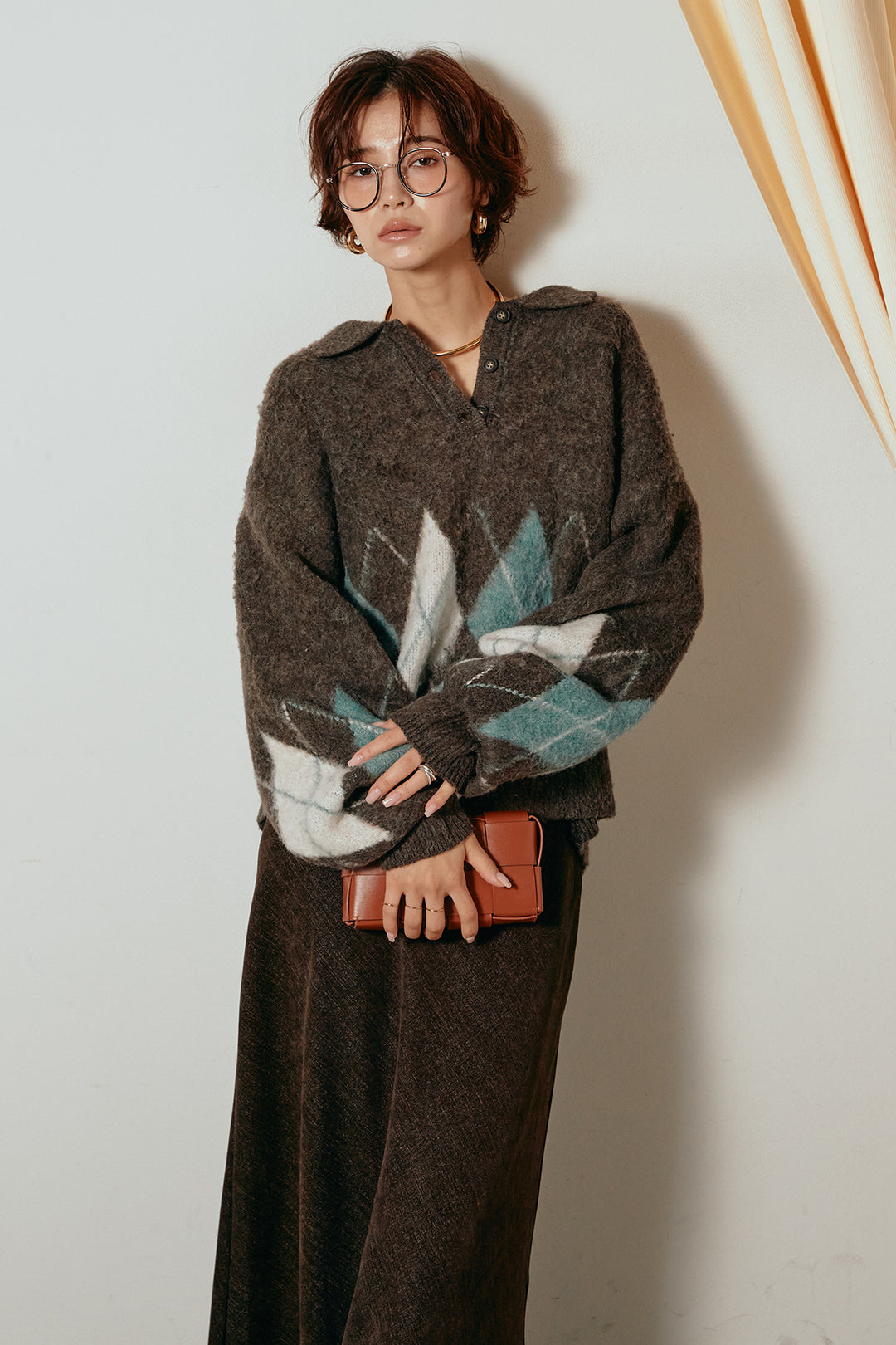 [SET]アーガイル柄ポロニットトップス+スウェードライクロングスカート(2set)