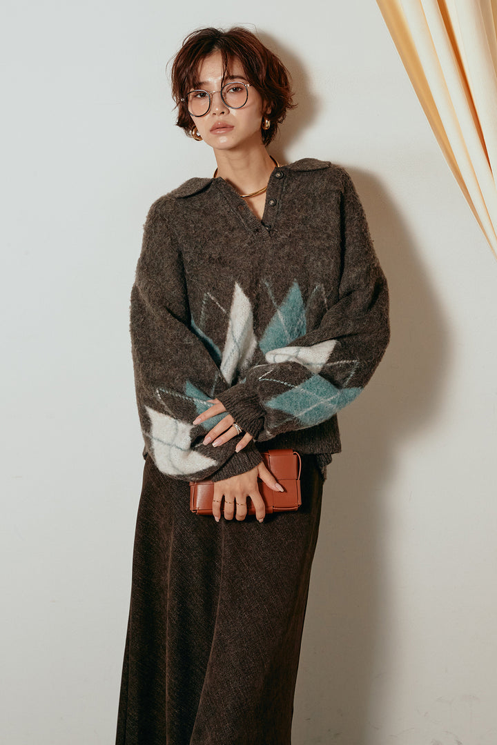 [SET]アーガイル柄ポロニットトップス+スウェードライクロングスカート(2set)