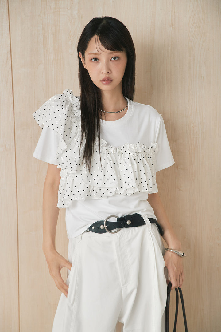 [SET]ドットアシメフリルデザインTシャツ+サークルバックルベルト付きタックワイドパンツ(2set)