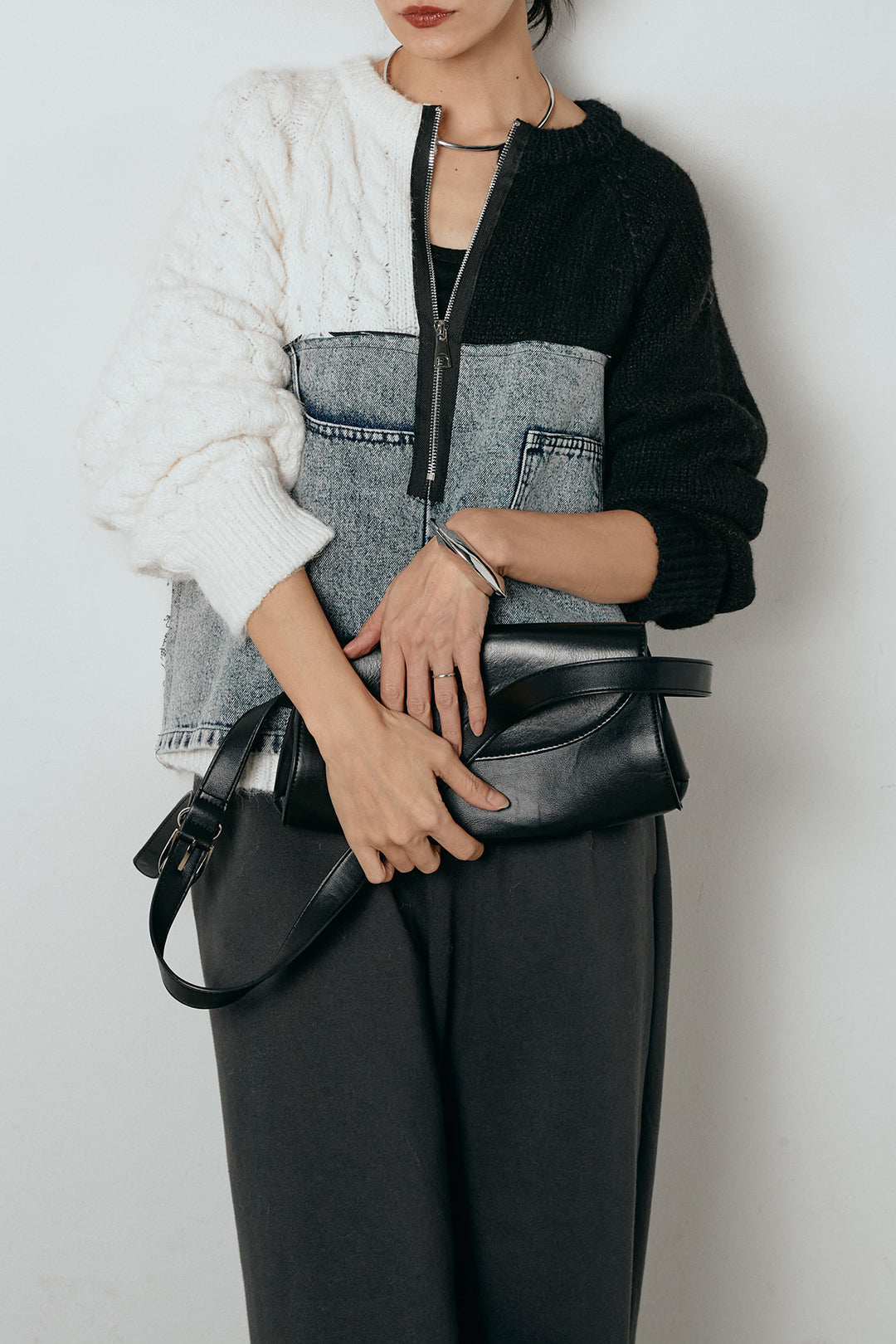 [SET]ハーフジップニットデニムドッキングトップス+裏起毛スウェットワイドパンツ(2set)