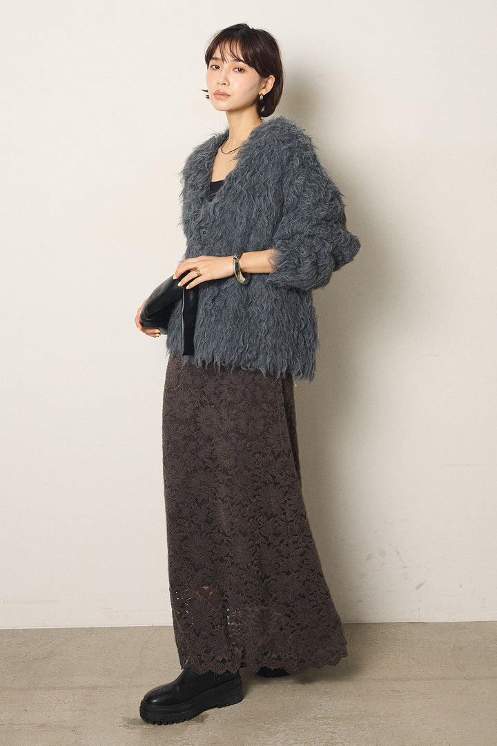 [SET]起毛シャギーニットカーディガン+花柄刺繍ベロアフレアスカート(2set)