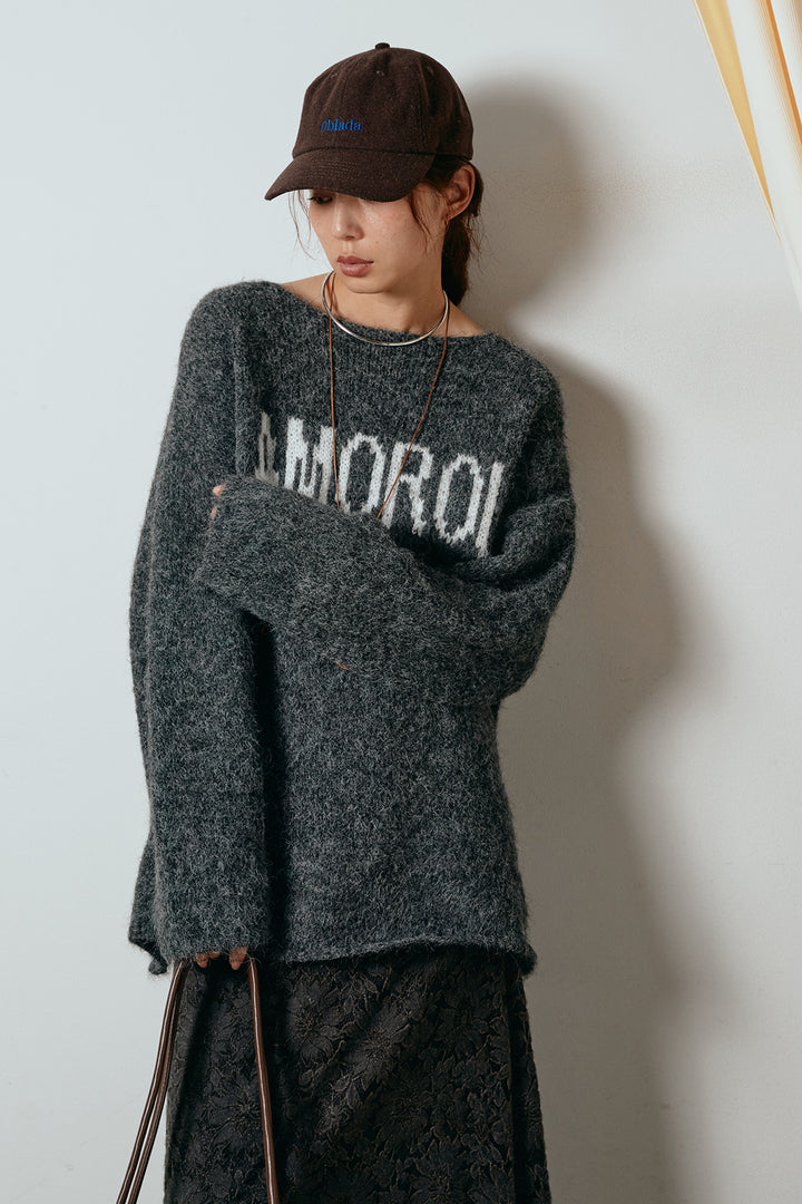 [SET]フロントロゴデザインニットトップス+花柄刺繍ベロアフレアスカート(2set)