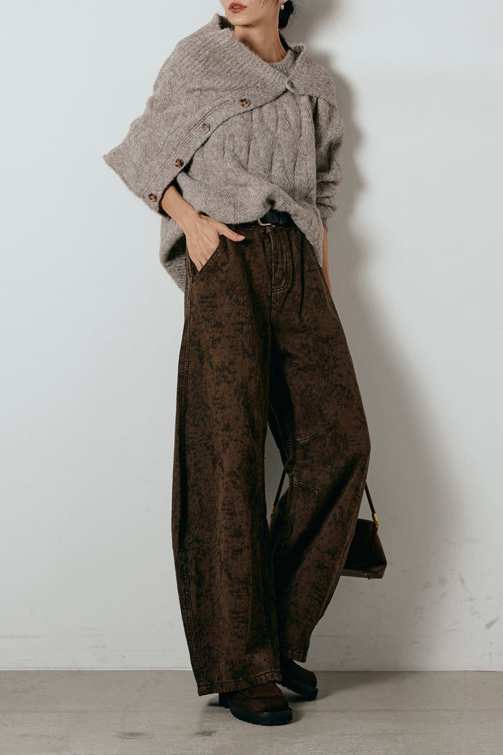 [SET]ケープデザインケーブルニットトップス+ベルト付きニュアンス柄カーブワイドパンツ(2set)