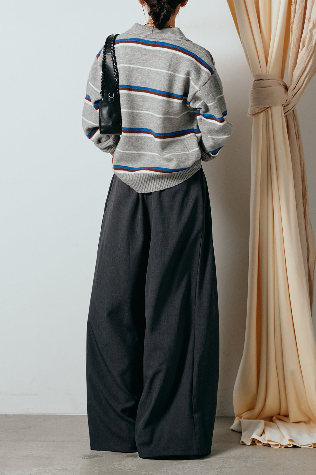 [SET]襟付きマルチボーダーニットポロトップス+ウエストステッチデザインワイドスラックス(2set)