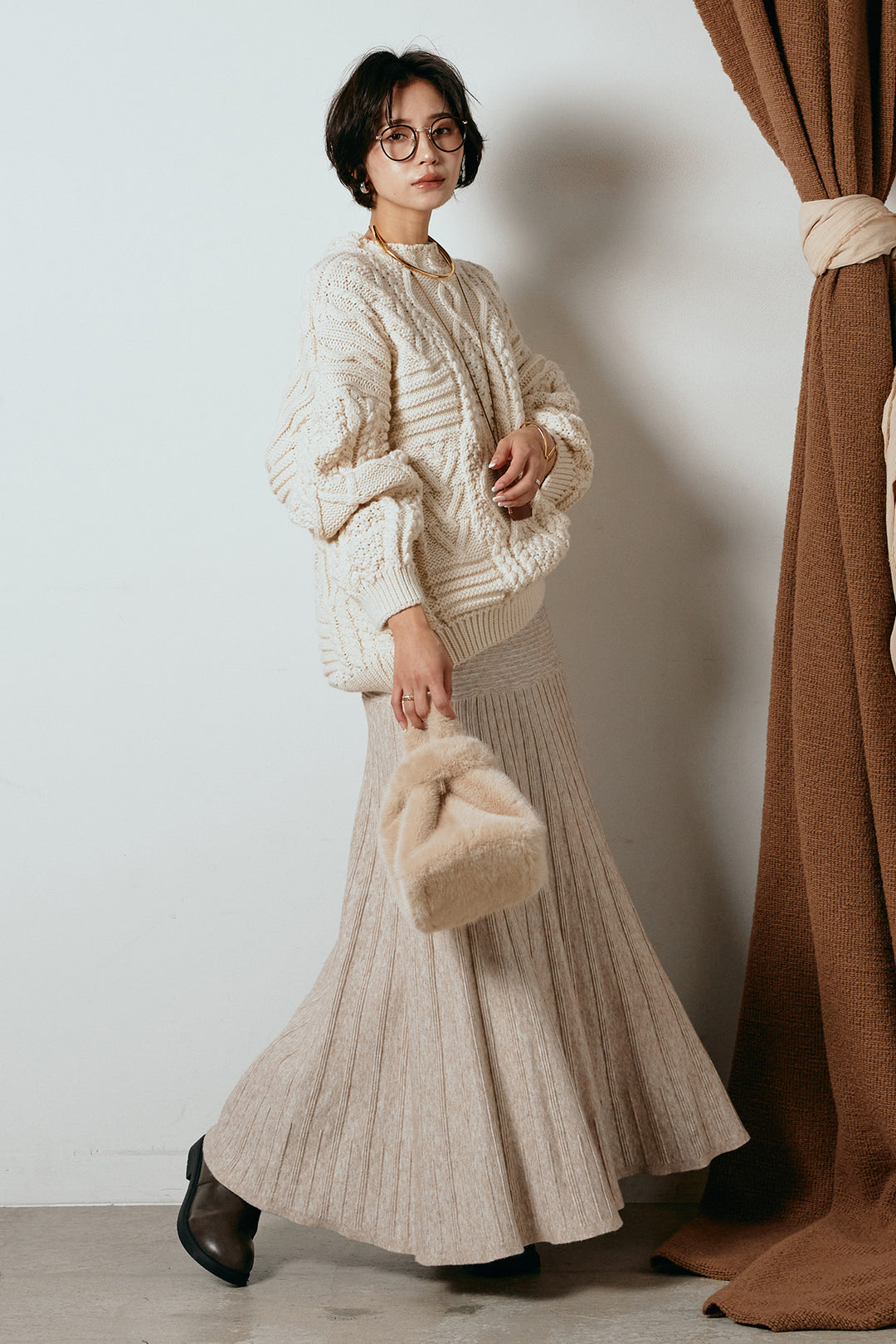 [SET]アラン柄ミックスケーブルニット+編み地切り替えフレアニットスカート(2set)