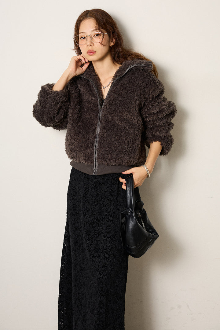 [SET]スタンドカラー裾リブボアブルゾン+花柄刺繍ベロアフレアスカート(2set)