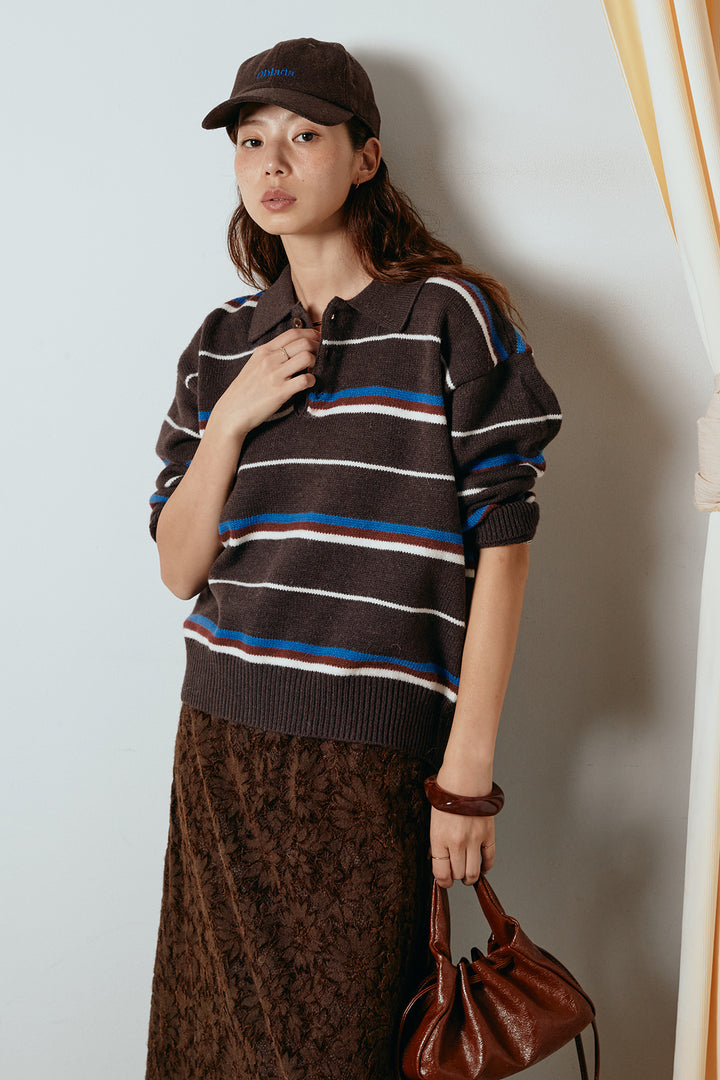 [SET]襟付きマルチボーダーニットポロトップス+花柄刺繍ベロアフレアスカート(2set)