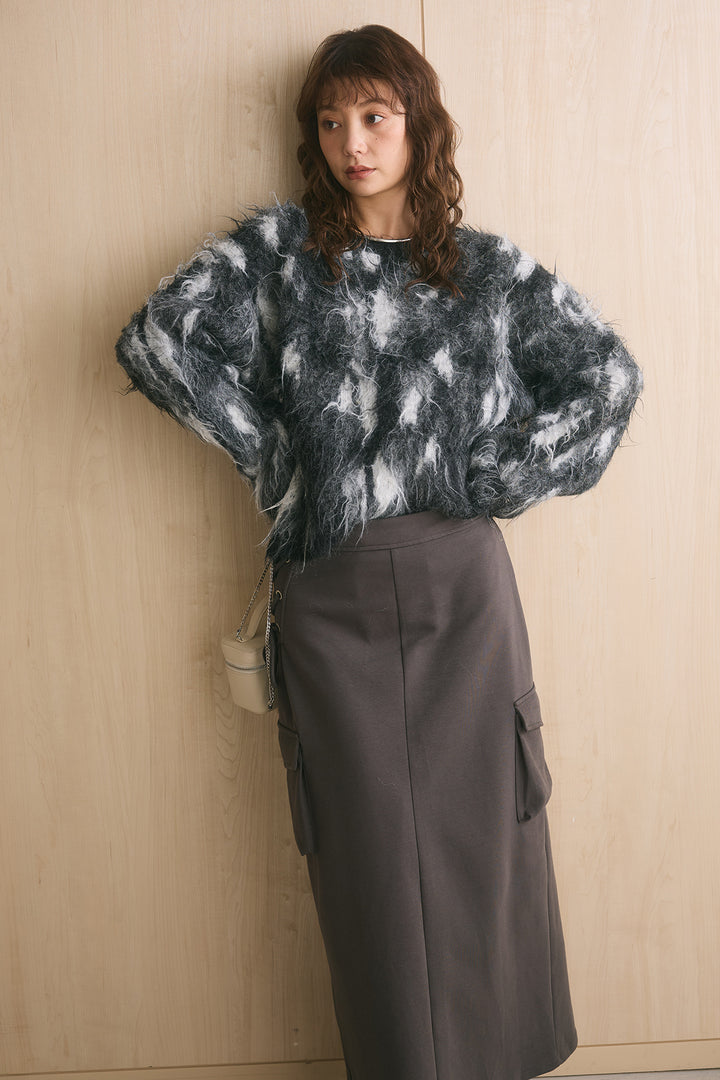[SET]ニュアンス柄ジャガード起毛ニットプルオーバー+サイド編み上げスウェットスカート(2set)