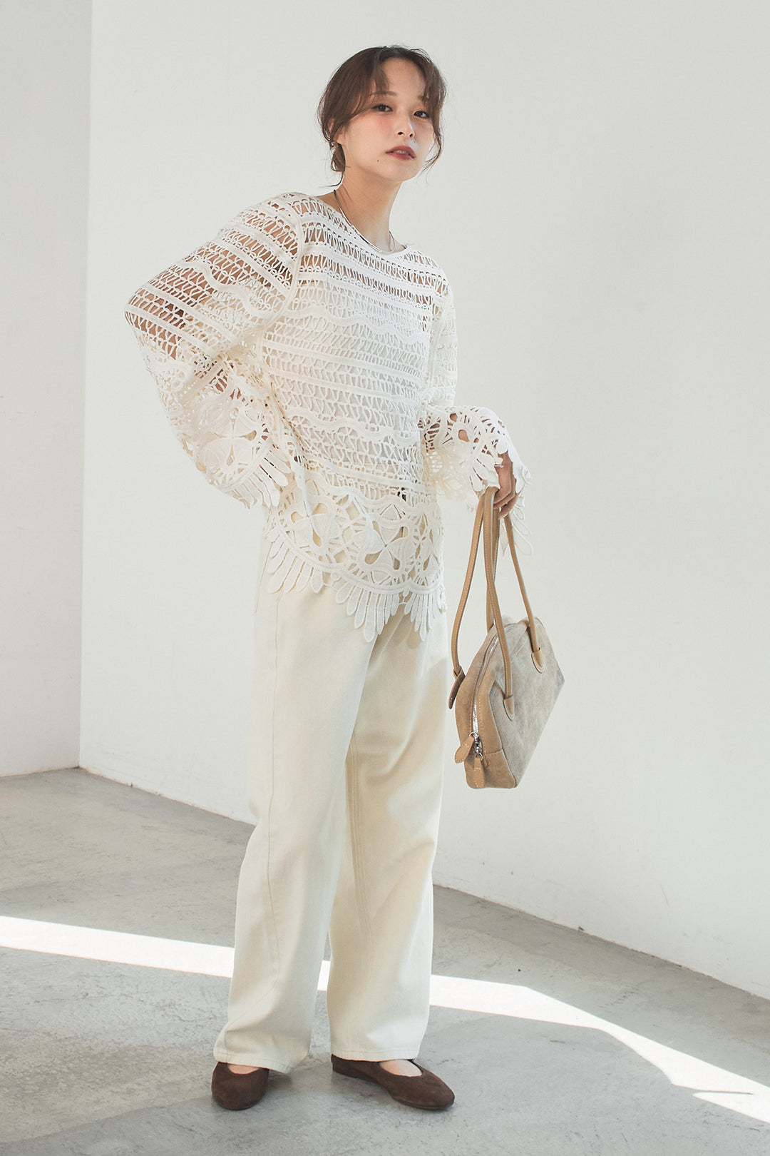 [SET]裾デザインメッシュプルオーバー+スプリングカラーデニムパンツ(2set)