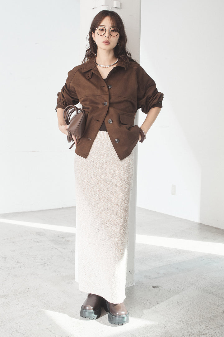 [SET]デカポケスエポンジャケット+ツイード風MIXスラブスカート(2set)