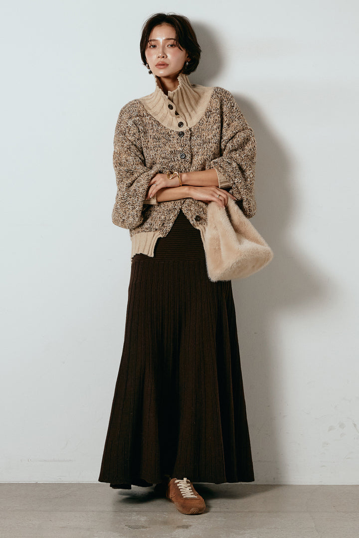 [SET]ハイネックミックスニットカーディガン+編み地切り替えフレアニットスカート(2set)