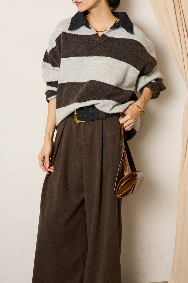 [SET]デニムカラーボーダールーズニット+ゴールドバックル太ベルト付きワイドパンツ(2set)
