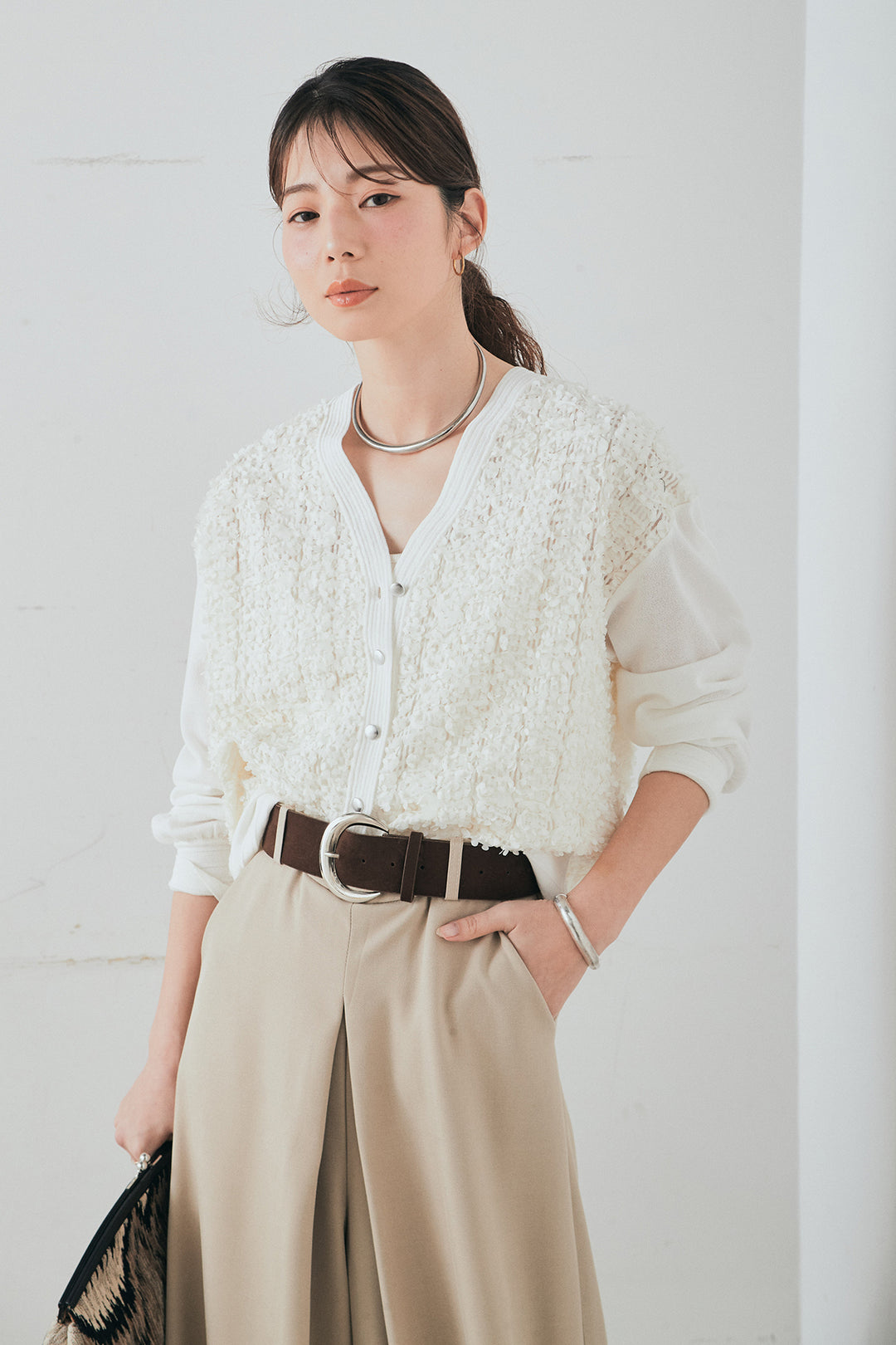 [SET]モコレースVネックカーディガン+太ベルト付きフロントタックパンツ(2set)