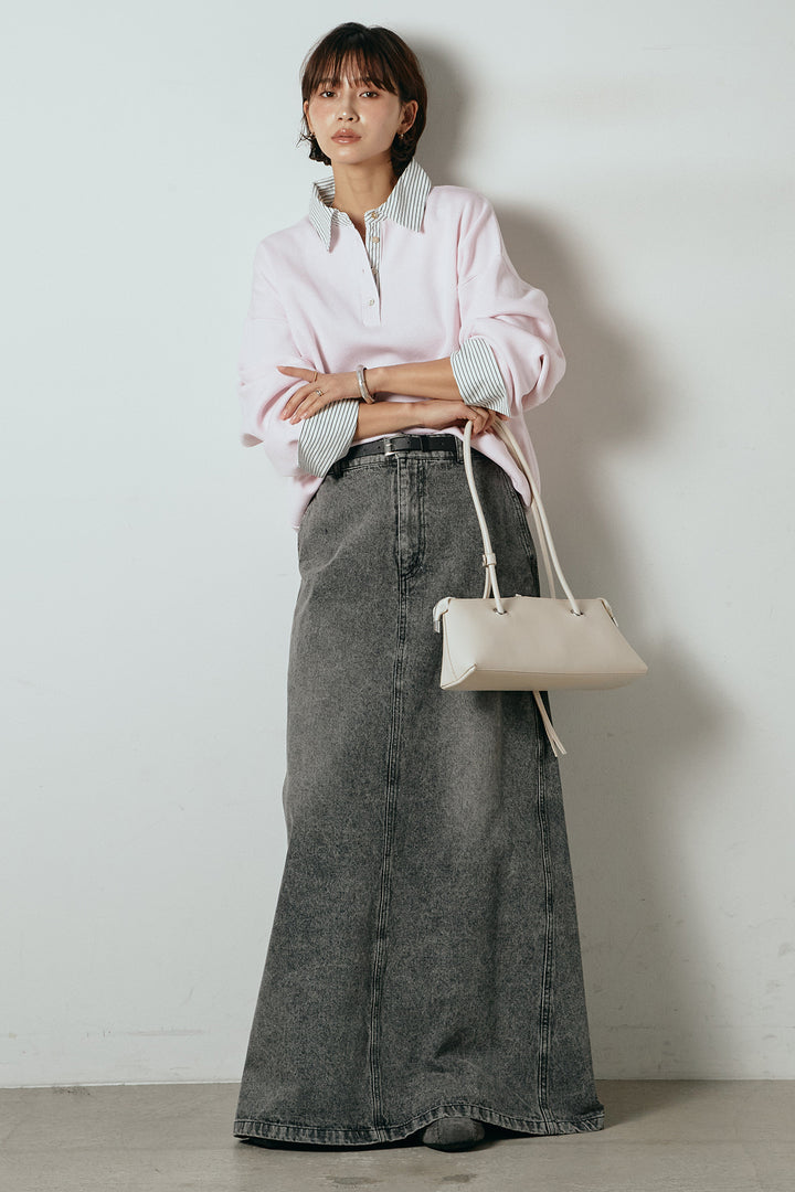 [SET]ストライプシャツドッキングポロトップス+デニムロングフレアスカート(2set)