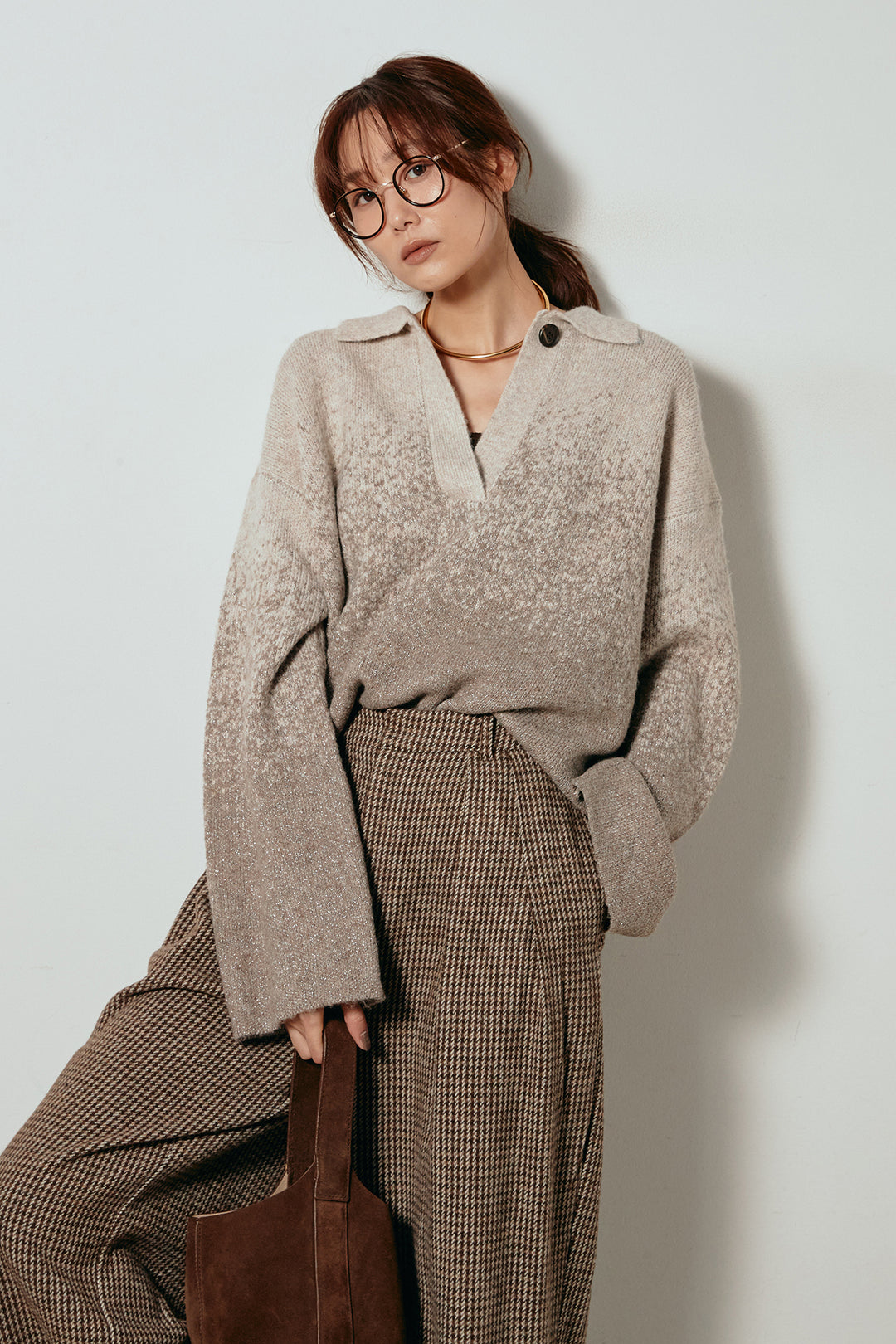 [SET]グラデーションラメニットキーネックプルオーバー+ガンクラブチェックタックパンツ(2set)