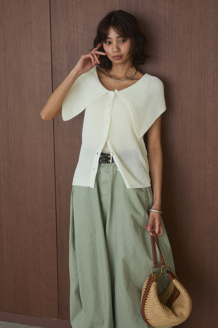 [SET]ビッグカラーボタンニットトップス+ベルト付きカラーデニムパンツ(2set)