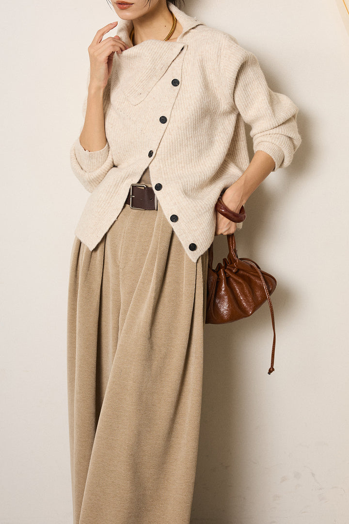 [SET]ボタンデザインネックニットプルオーバー+ベルトループコーデュロイワイドパンツ(2set)