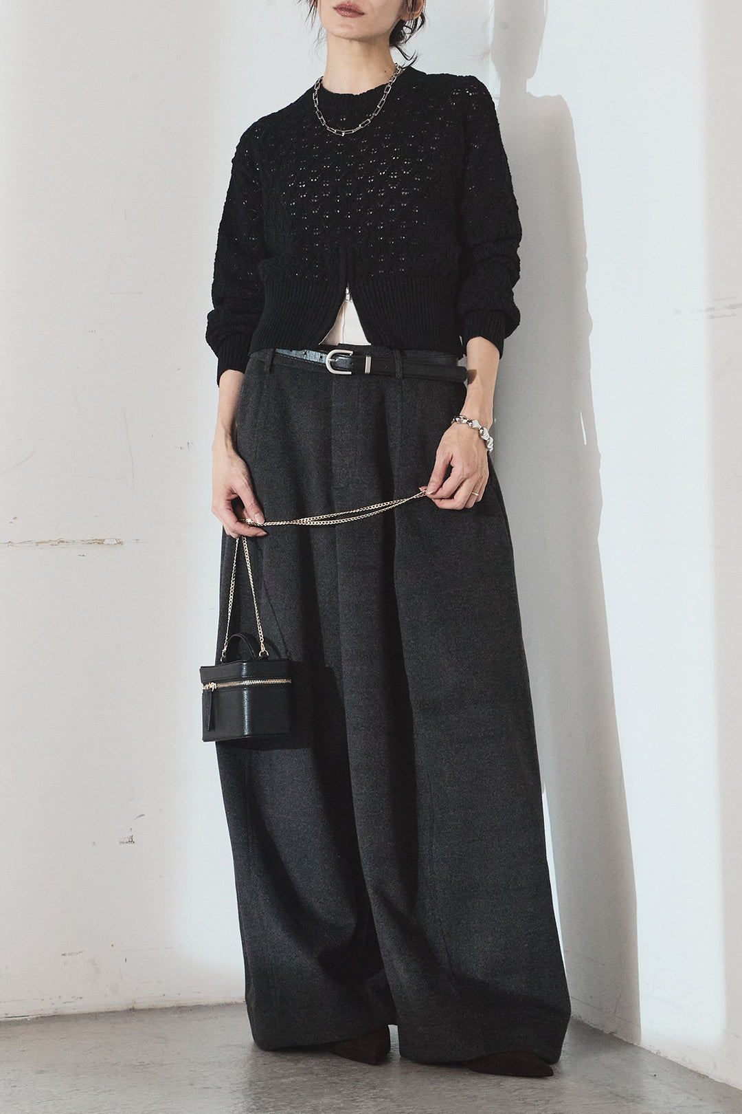 [SET]透かし編みニットジップスリットプルオーバー+ウールタッチカーブワイドパンツ(2set)